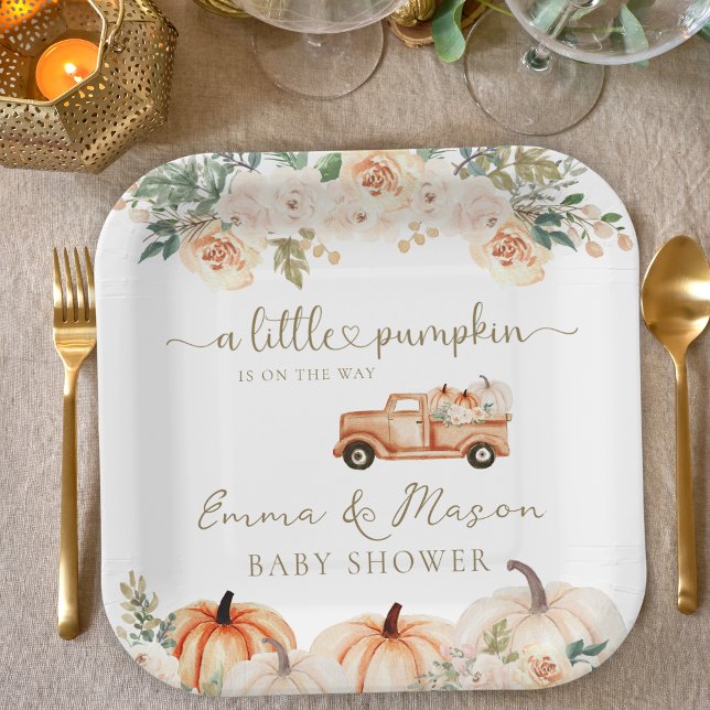 Elegant Autumn Floral Pumpkin Truck Baby Shower Paper Plate (Creator Uploaded)