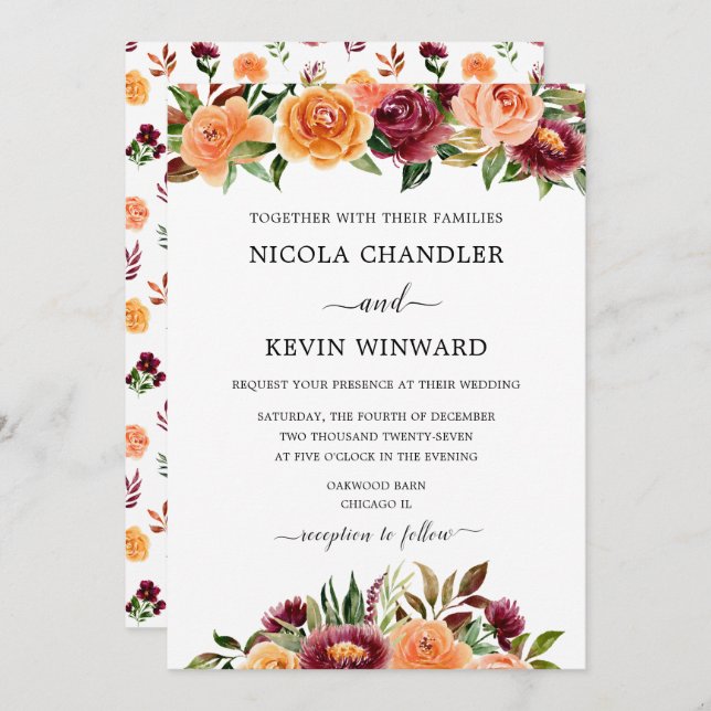 Elegant Autumn Floral Wedding Invitation (Front/Back)