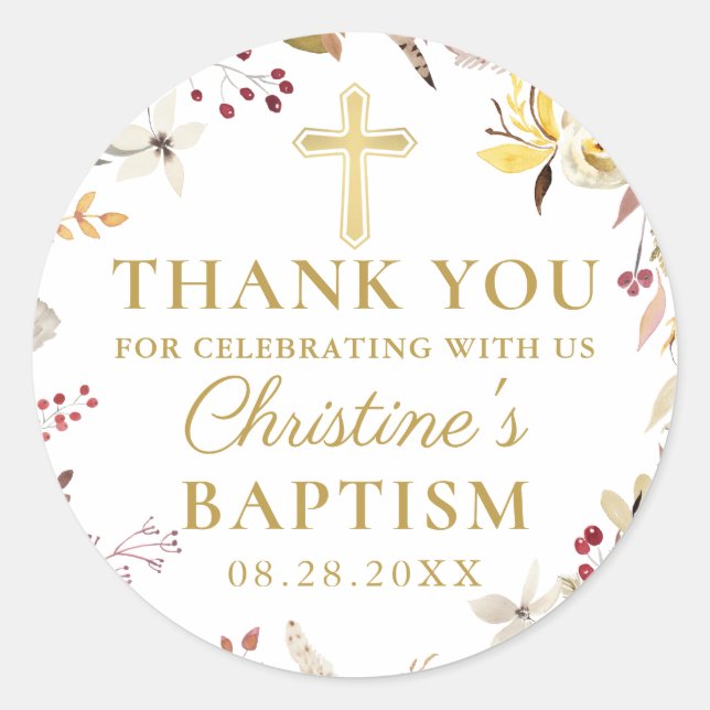 Elegant Autumn Floral Wreath Fall Baptism Classic Round Sticker (Front)