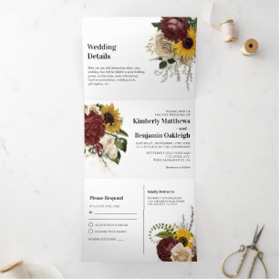 Elegant Autumn Florals 3 in 1 Tri-Fold Wedding Invitation