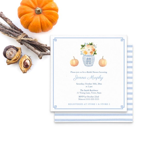Elegant Autumn Florals Ginger Jar Bridal Shower Invitation (Bridal Shower Fall Flowers In Ginger Jar With Orange Pumpkins & A Pale Blue & White Striped Reverse)