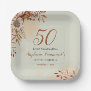 Elegant Autumn Flowers Green 50th Birthday Paper Plate
