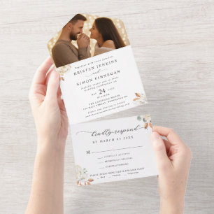 Elegant Autumn Flowers Script Photo Wedding All In One Invitation