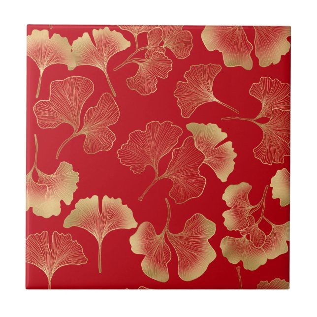 Elegant Autumn Ginkgo Leaves Gold Pattern Ceramic Tile (Front)