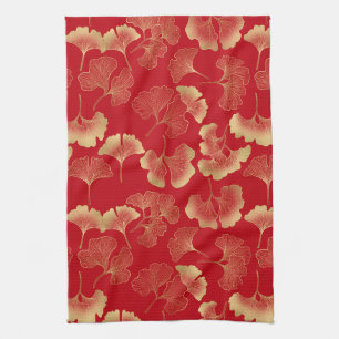 Elegant Autumn Ginkgo Leaves Gold Pattern Tea Towel
