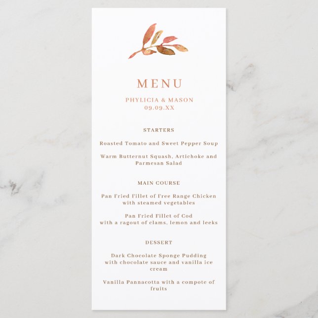 Elegant Autumn Leaf Fall Wedding Menu (Front)