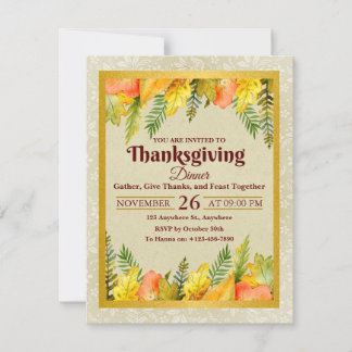 Elegant Autumn LeaveGold Foil Thanksgiving Dinner Holiday Card