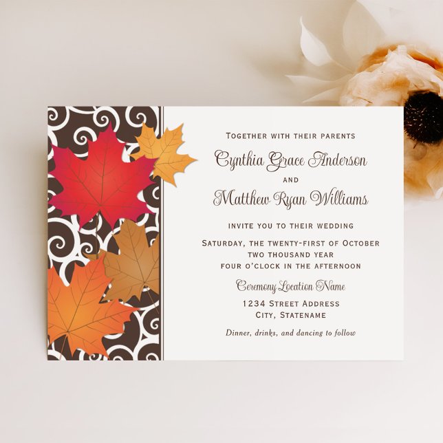 Elegant Autumn Leaves and Swirls Fall Wedding Invitation (Creator Uploaded)