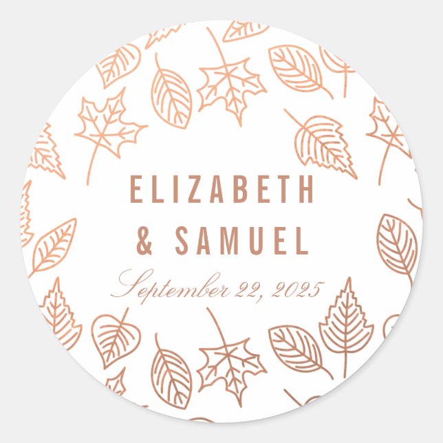 Elegant Autumn Leaves Copper Round Wedding Sticker (Front)