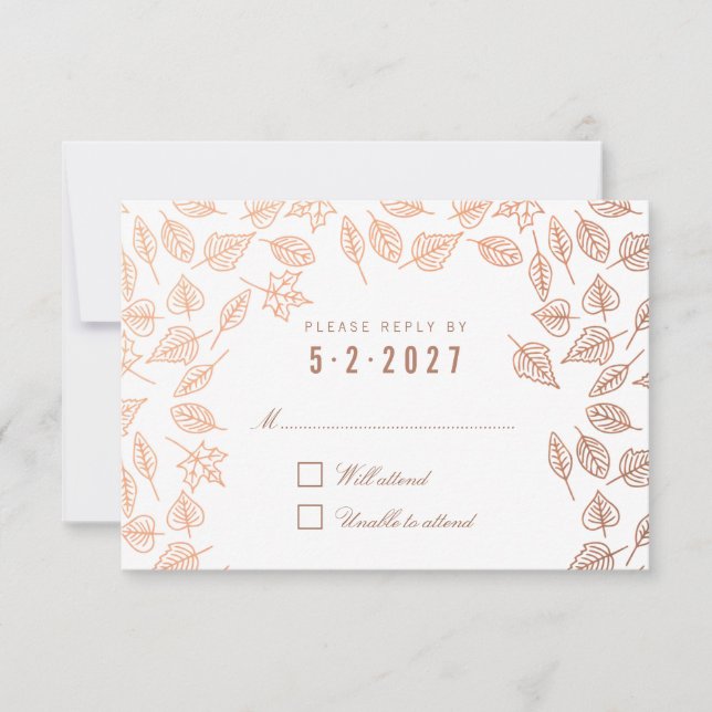 Elegant Autumn Leaves Copper Wedding RSVP Card (Front)