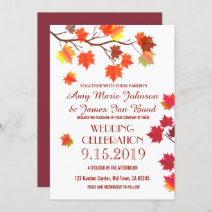Elegant Autumn Leaves Fall Burgundy  Wedding Cards