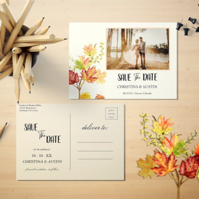 Elegant Autumn Leaves Photo White Save the Date Postcard (Creator Uploaded)