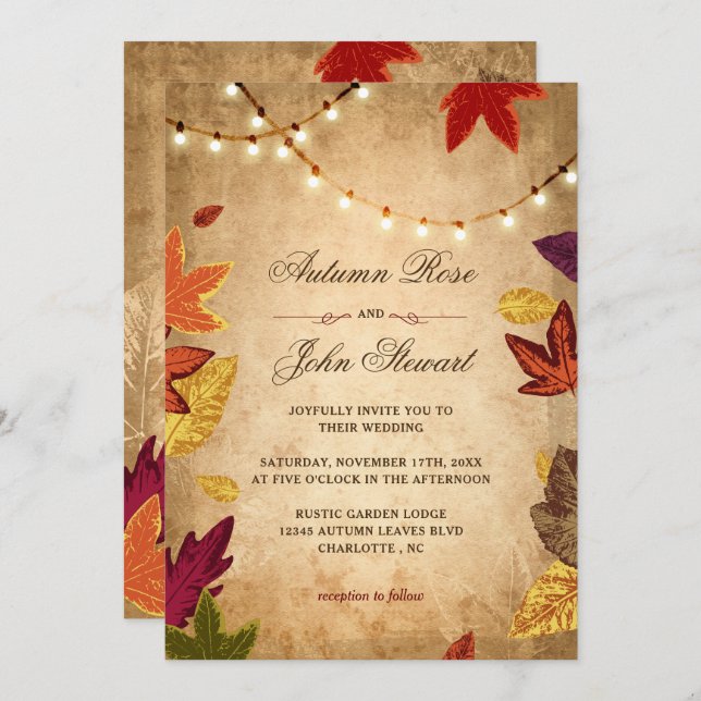 Elegant Autumn Leaves Rustic Fall Wedding Invitation (Front/Back)