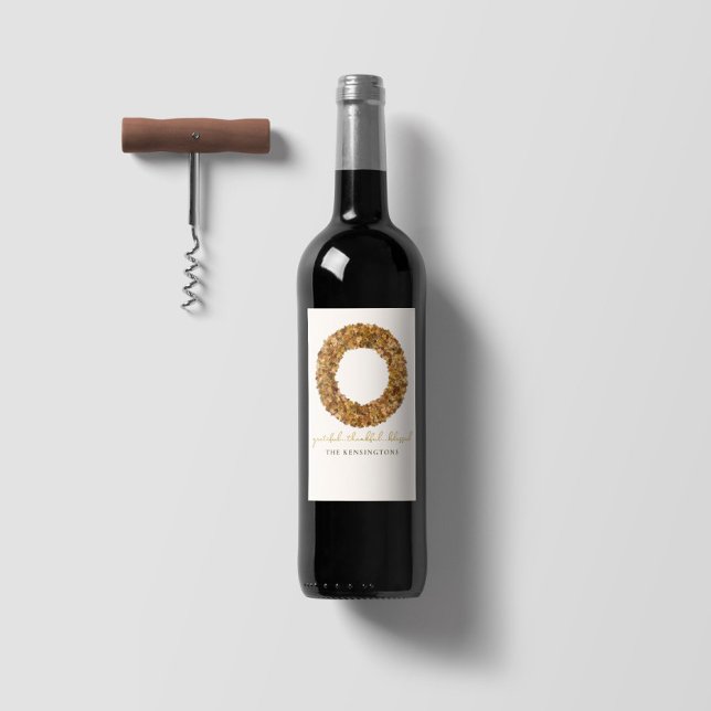 Elegant Autumn Leaves Thanksgiving Wreath Wine Label (Creator Uploaded)