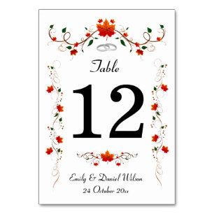 Elegant Autumn Leaves Wedding Table Number