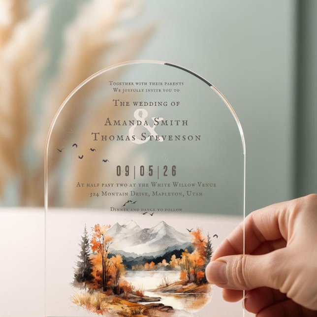 Elegant autumn montain landscape wedding acrylic invitations (Creator Uploaded)
