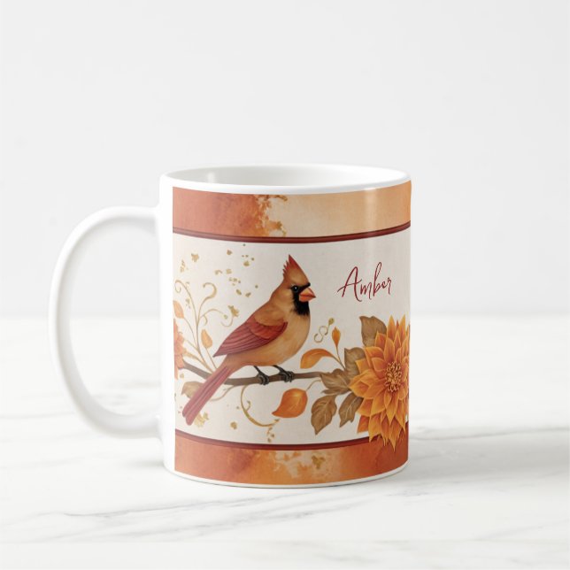 Elegant Autumn Northern Cardinals Floral Accents Coffee Mug (Left)