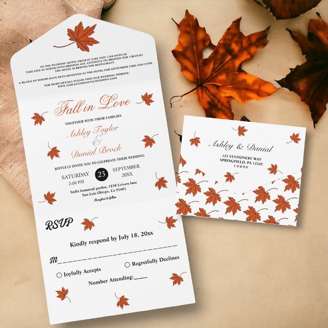 Elegant Autumn Orange Leaves Fall Floral Wedding All In One Invitation (Creator Uploaded)