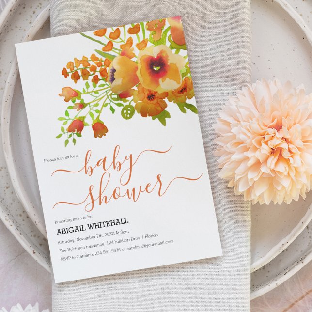 Elegant Autumn Orange Watercolor Floral Shower Invitation (Creator Uploaded)