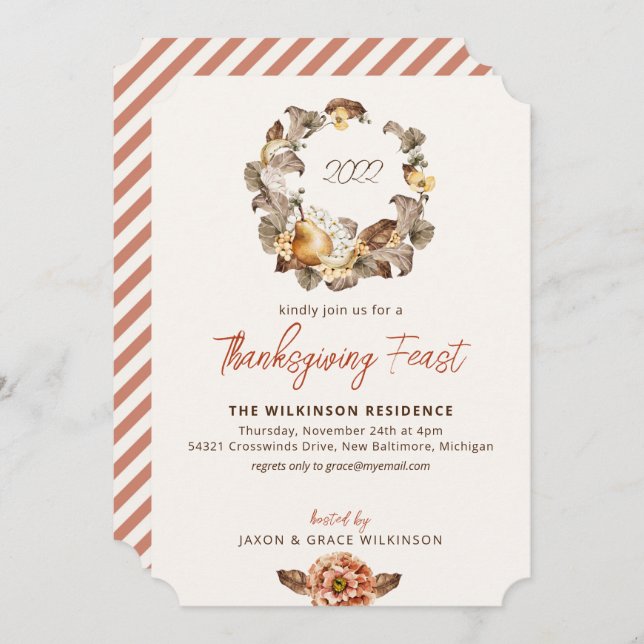 Elegant Autumn Pear Wreath Thanksgiving Invitation (Front/Back)