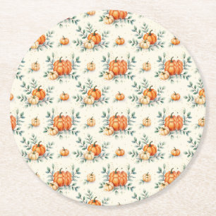 Elegant Autumn Pumpkin and Eucalyptus Watercolor Round Paper Coaster