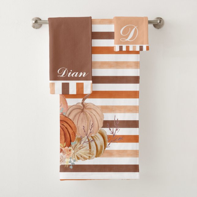 Elegant Autumn Pumpkin pampas grass Personalised  Bath Towel Set (Insitu)