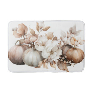 Elegant Autumn Pumpkins and Flowers Bath Mat