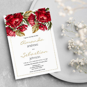 Elegant Autumn red gold peonies floral wedding Invitation