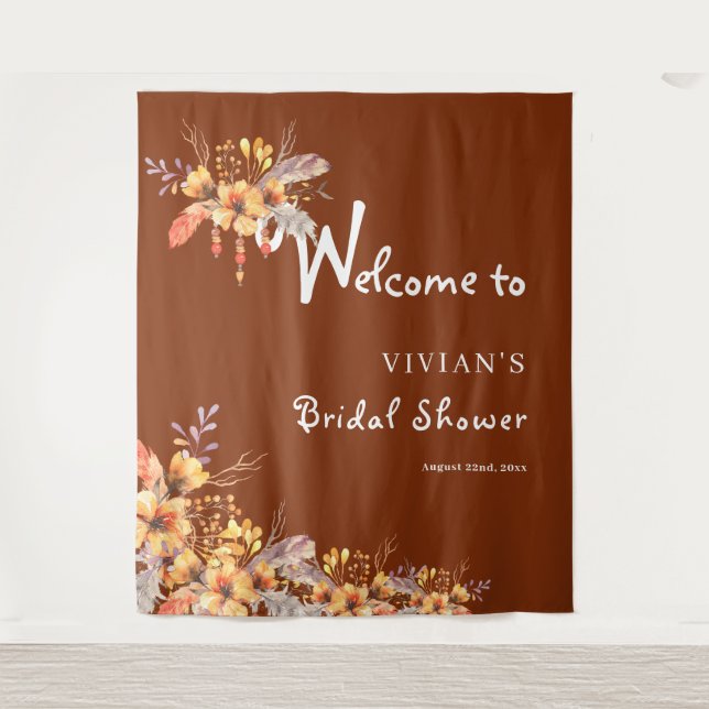 Elegant Autumn Rust Floral Bridal Shower Welcome Tapestry (Front)