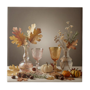 Elegant Autumn Still Life Glass Vase Arrangement Ceramic Tile