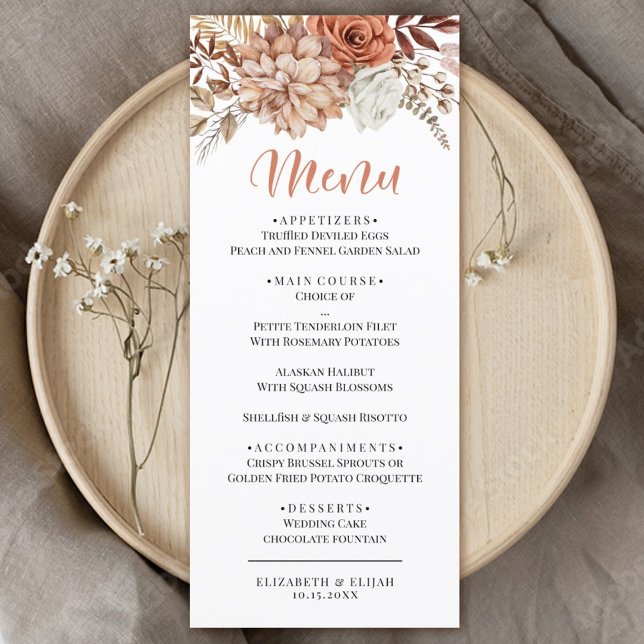 Elegant Autumn Terracotta Floral Wedding Flat Menu (an elegant autumn terracotta wedding menu)