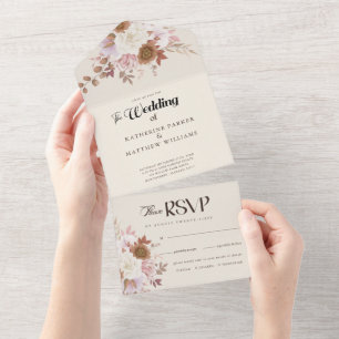 Elegant Autumn Watercolor Floral Wedding  All In One Invitation