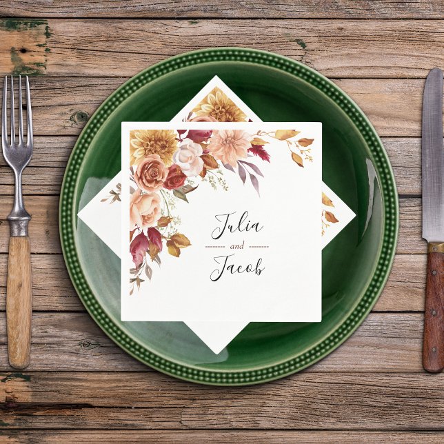 Elegant Autumn Watercolor Floral Wedding Napkin (Elegant Autumn Watercolor Floral Wedding Party Supplies)