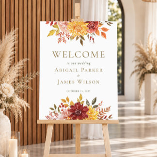 Elegant Autumn Watercolor Floral Wedding Welcome Poster