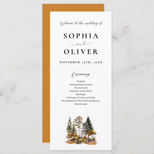 Elegant  Autumn Watercolor Forest Wedding Program  (Front/Back)