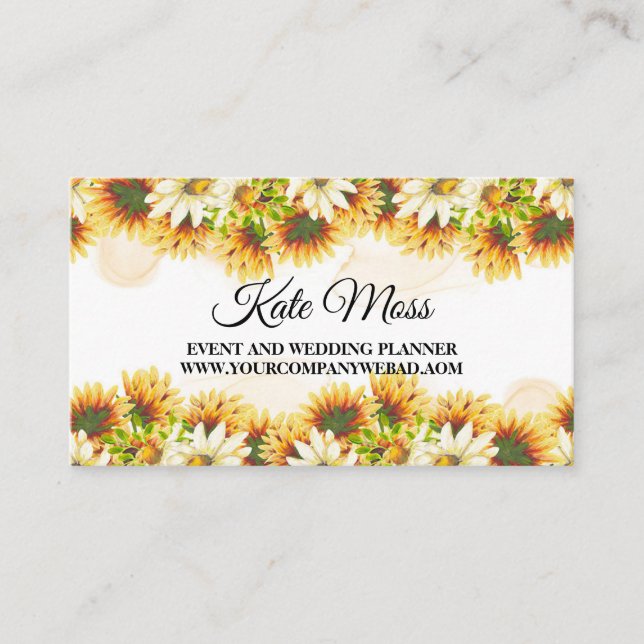 Elegant Autumn Watercolor Sunflower Business Card (Front)