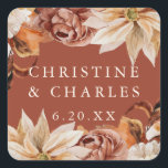 Elegant Autumn Watercolor Terracotta Wedding Square Sticker<br><div class="desc">This lovely wedding sticker design features a border of watercolor flowers in beautiful autumn tones. The typography is simple yet elegant. Customise it with your name and wedding date. These stickers are a wonderful addition to your wedding favours. You can also use them to decorate the envelope of your invitation...</div>