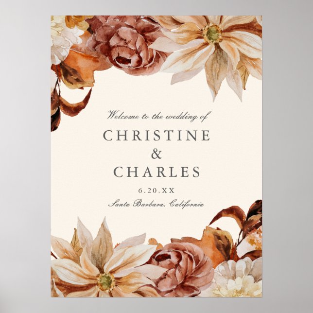 Elegant Autumn Watercolor Wedding Welcome Sign (Front)