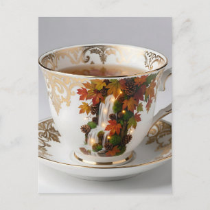 Elegant Autumn Waterfall Teacup Gold Trim Postcard