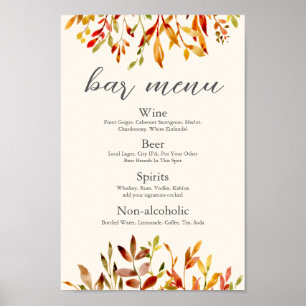 Elegant Autumn Wedding Custom Fall Leaves Bar Menu Poster