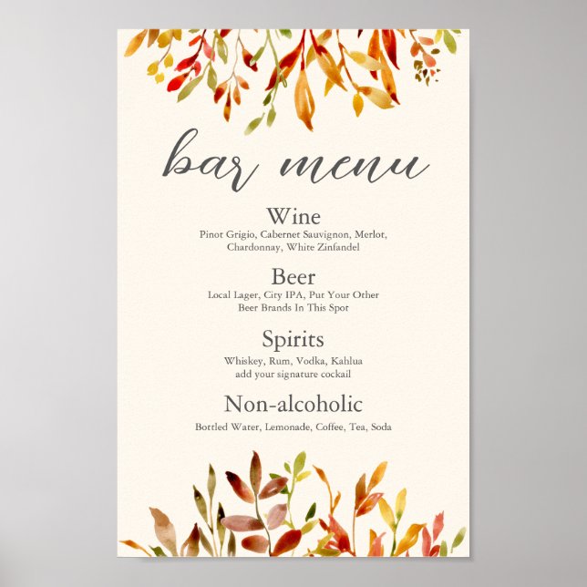 Elegant Autumn Wedding Custom Fall Leaves Bar Menu Poster (Front)