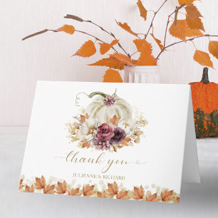 Elegant Autumn White Pumpkin Floral Wedding Thank Card