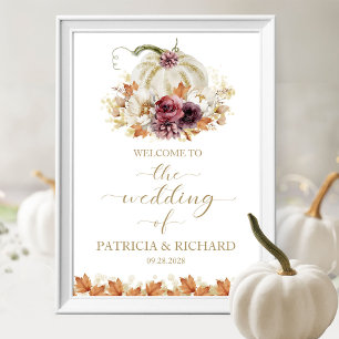 Elegant Autumn White Pumpkin Wedding Welcome Sign