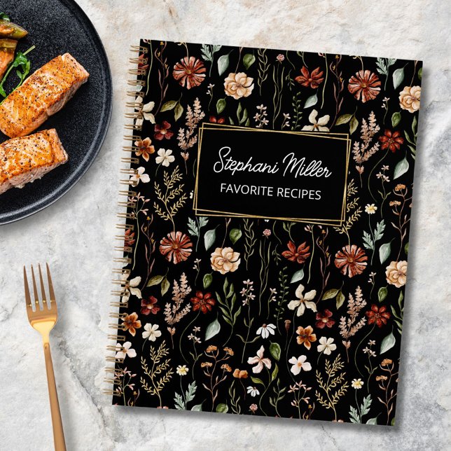 Elegant Autumn Wildflower Pattern Black Recipe Notebook (In situ)