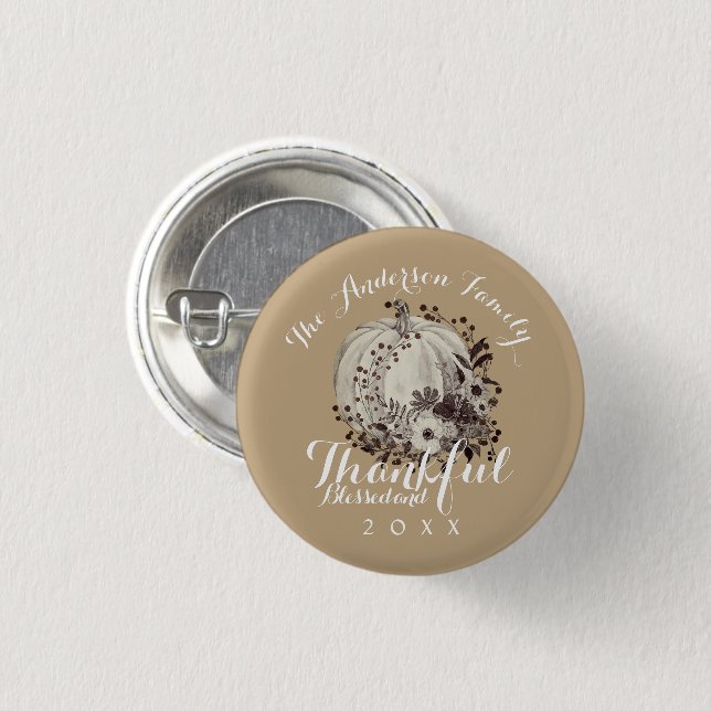Elegant Autumnal Family Name Blessed and Thankful  3 Cm Round Badge (Front & Back)