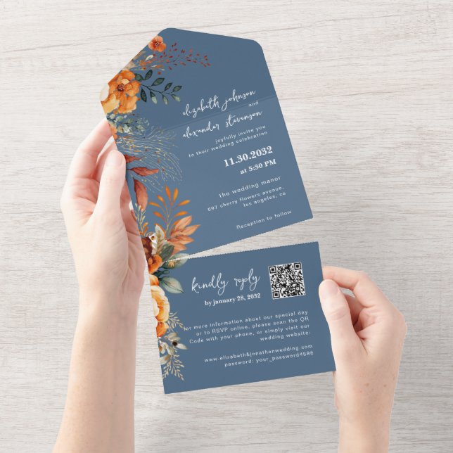 Elegant Autumnal Floral blue QR Code wedding All In One Invitation (Tearaway)