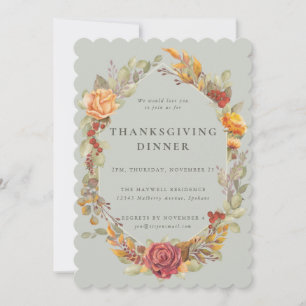 Elegant Autumnal Floral Border Thanksgiving Dinner Invitation