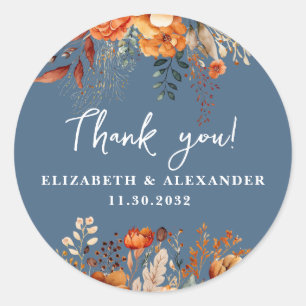 Elegant autumnal floral names and wedding date classic round sticker