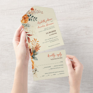Elegant Autumnal Floral wedding All In One Invitation