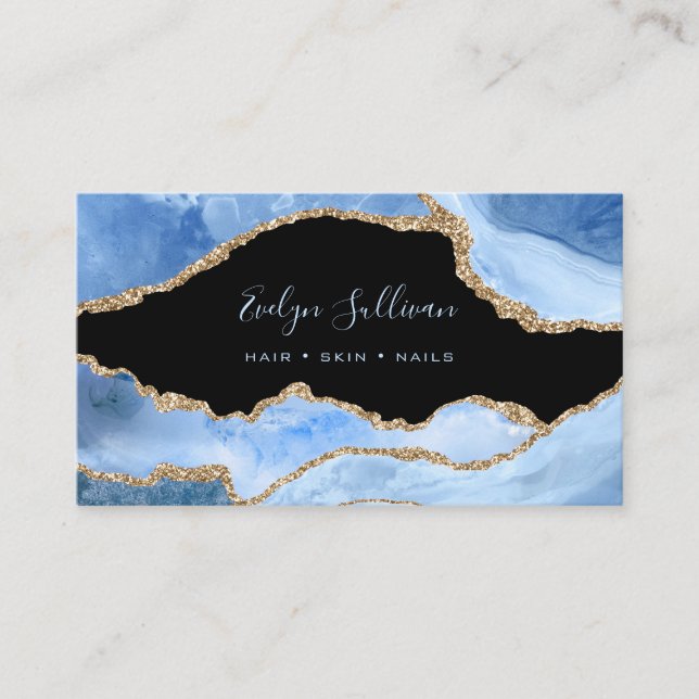 elegant azure agate on black business card (Front)